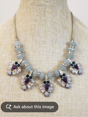 Vintage-Inspired Frosted Sage & Royal Jewel Statement Bib Necklace EUC